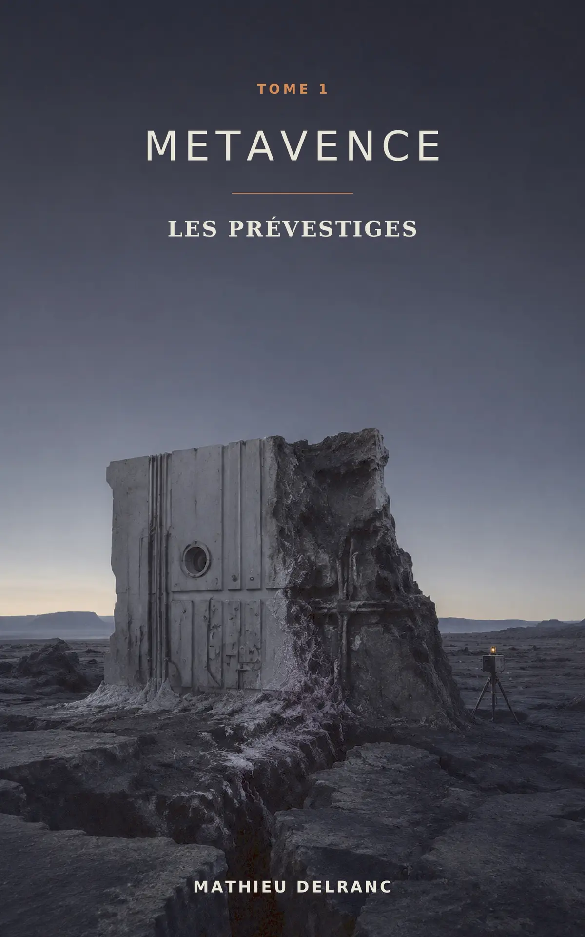 Couverture de Metavence, tome 1 : Les Prévestiges. Un vestige de bâtiment se dresse dans une plaine rocheuse au crépuscule.
