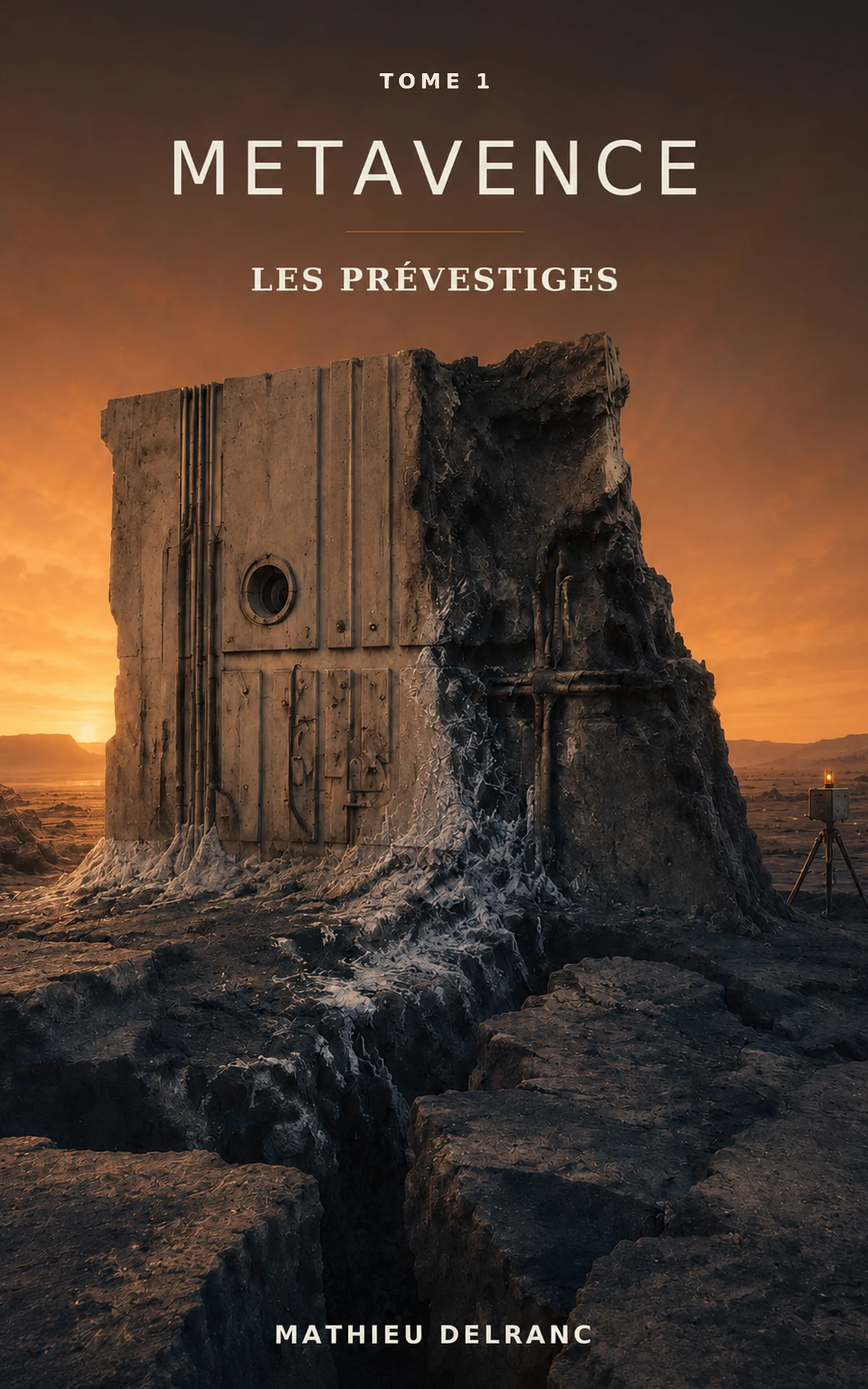 Couverture de Metavence, tome 1 : Les Prévestiges. Un bloc de béton à moitié absorbé par la roche noire se dresse dans une plaine fissurée, sous un ciel ambre au crépuscule.