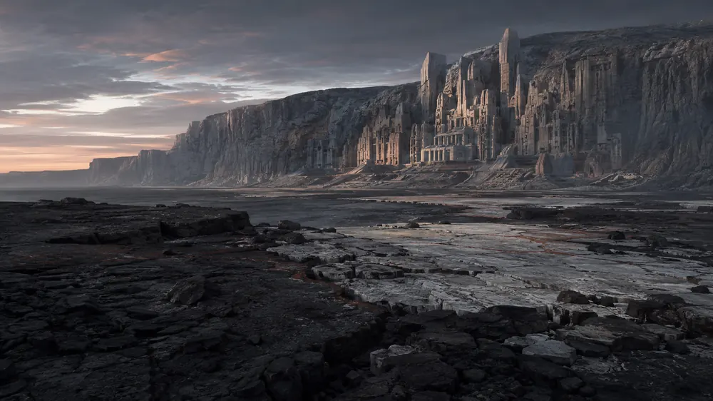 Illustration de fiction, hautes falaises sombres portant des bâtiments verticaux au-dessus d’une plaine de roche fracturée, au crépuscule.